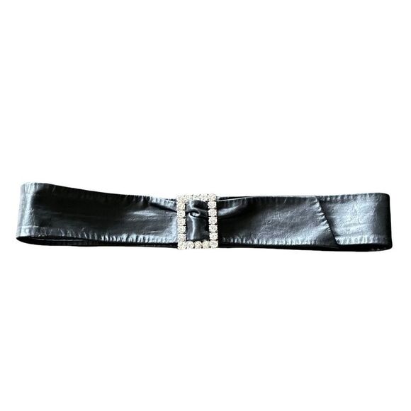 EMMANUEL Vintage Black Leather Belt Faux White Stone Buckle Made In Canada XS/S main image 4